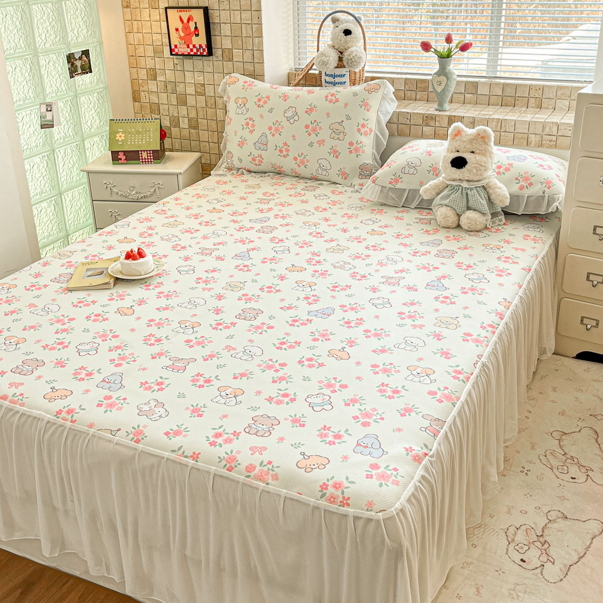 91家纺网 家纺一手货源 找家纺 川悦生活 2026新款雪纺冰丝床裙凉席三件套 床裙花都小狗