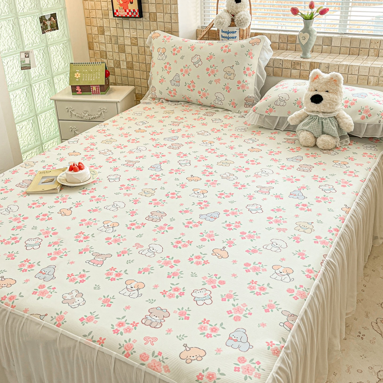 91家纺网 家纺一手货源 找家纺 川悦生活 2026新款雪纺冰丝床裙凉席三件套 床裙花都小狗