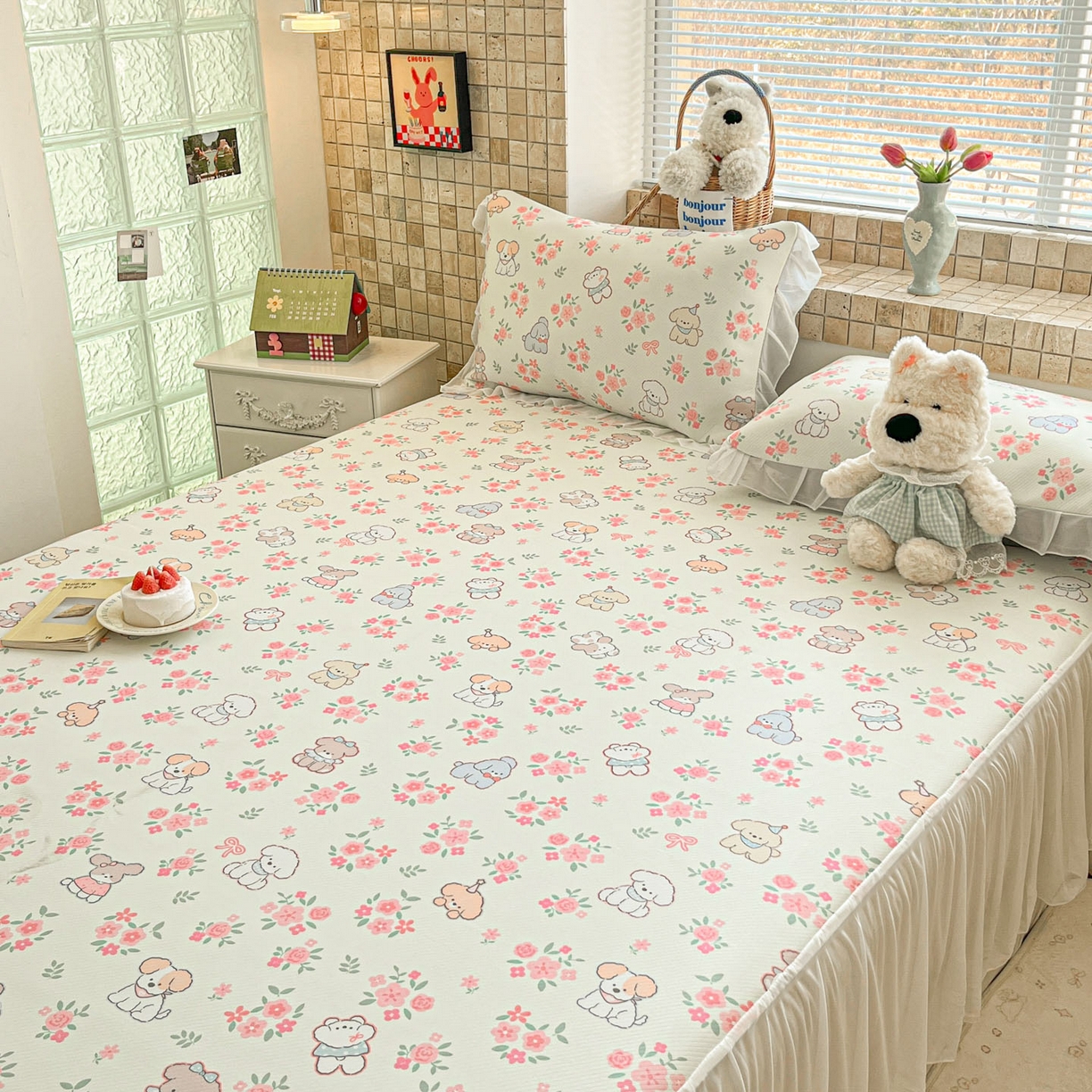 91家纺网 家纺一手货源 找家纺 川悦生活 2026新款雪纺冰丝床裙凉席三件套 床裙花都小狗