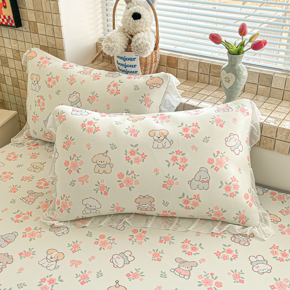 91家纺网 家纺一手货源 找家纺 川悦生活 2026新款雪纺冰丝床裙凉席三件套 床裙花都小狗