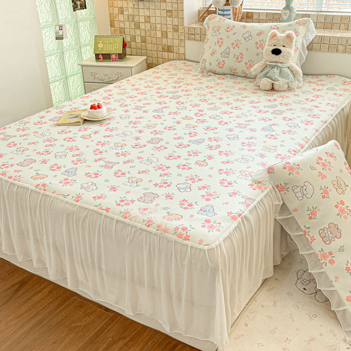 91家纺网 家纺一手货源 找家纺 川悦生活 2026新款雪纺冰丝床裙凉席三件套 床裙花都小狗