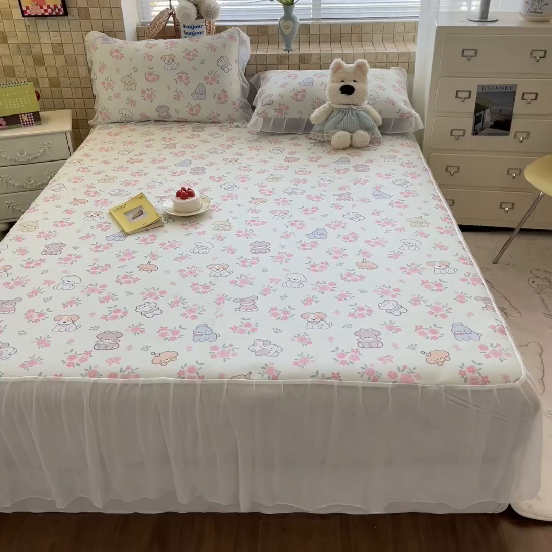 91家纺网 家纺一手货源 找家纺 川悦生活 2026新款雪纺冰丝床裙凉席三件套 床裙花都小狗