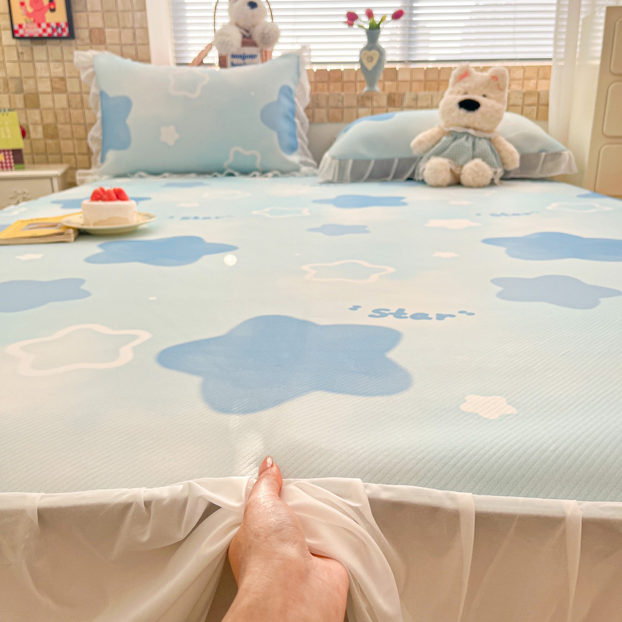 川悦生活 2026新款雪纺冰丝床裙凉席三件套 床裙快乐星晴