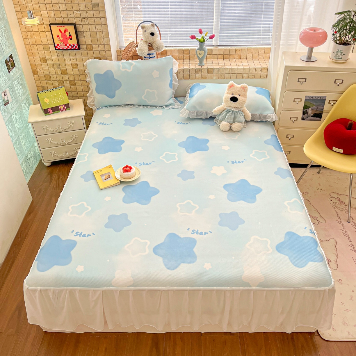 91家纺网 家纺一手货源 找家纺 川悦生活 2026新款雪纺冰丝床裙凉席三件套 床裙快乐星晴