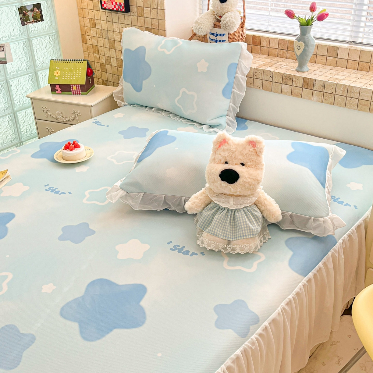 91家纺网 家纺一手货源 找家纺 川悦生活 2026新款雪纺冰丝床裙凉席三件套 床裙快乐星晴