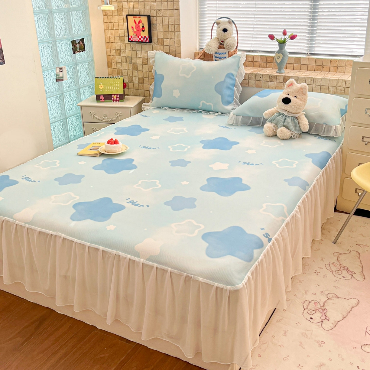 91家纺网 家纺一手货源 找家纺 川悦生活 2026新款雪纺冰丝床裙凉席三件套 床裙快乐星晴