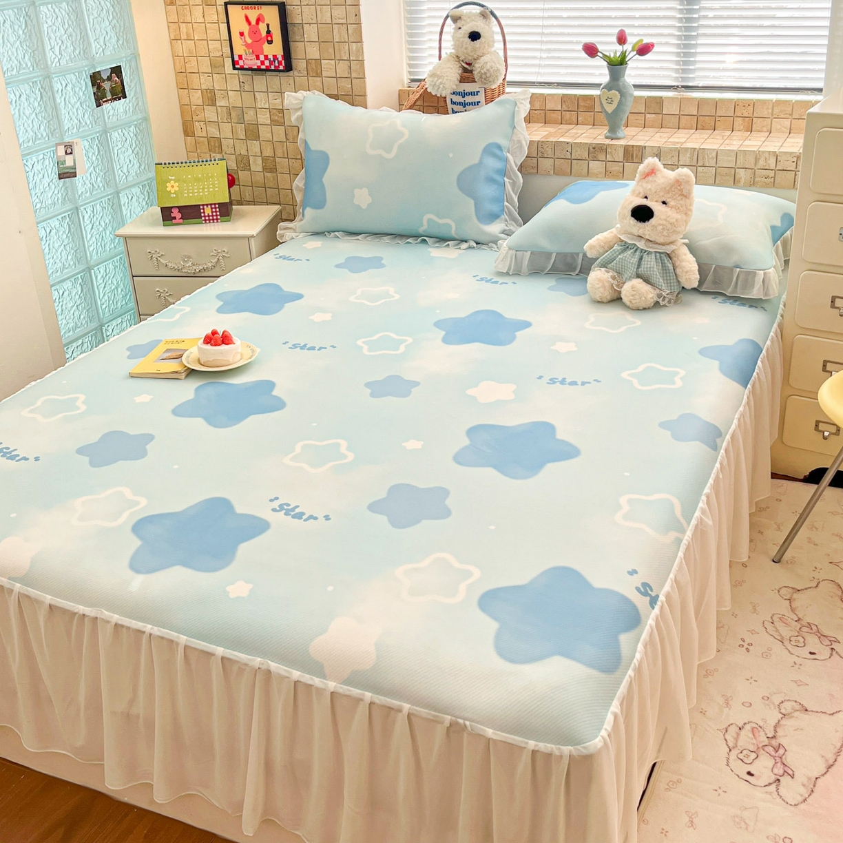 91家纺网 家纺一手货源 找家纺 川悦生活 2026新款雪纺冰丝床裙凉席三件套 床裙快乐星晴