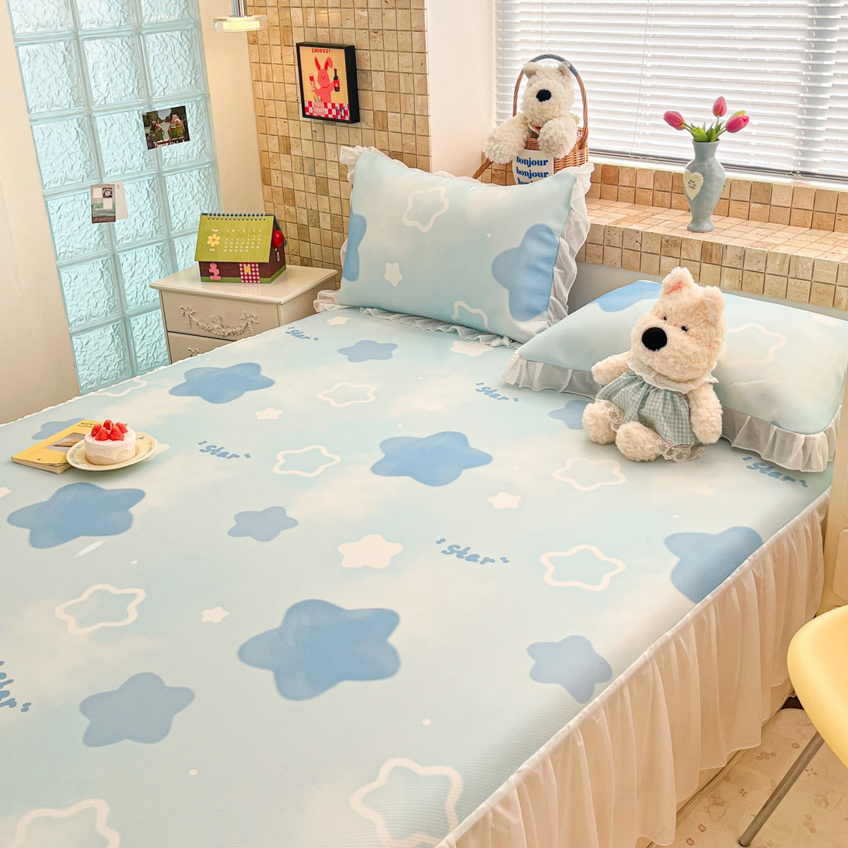 91家纺网 家纺一手货源 找家纺 川悦生活 2026新款雪纺冰丝床裙凉席三件套 床裙快乐星晴