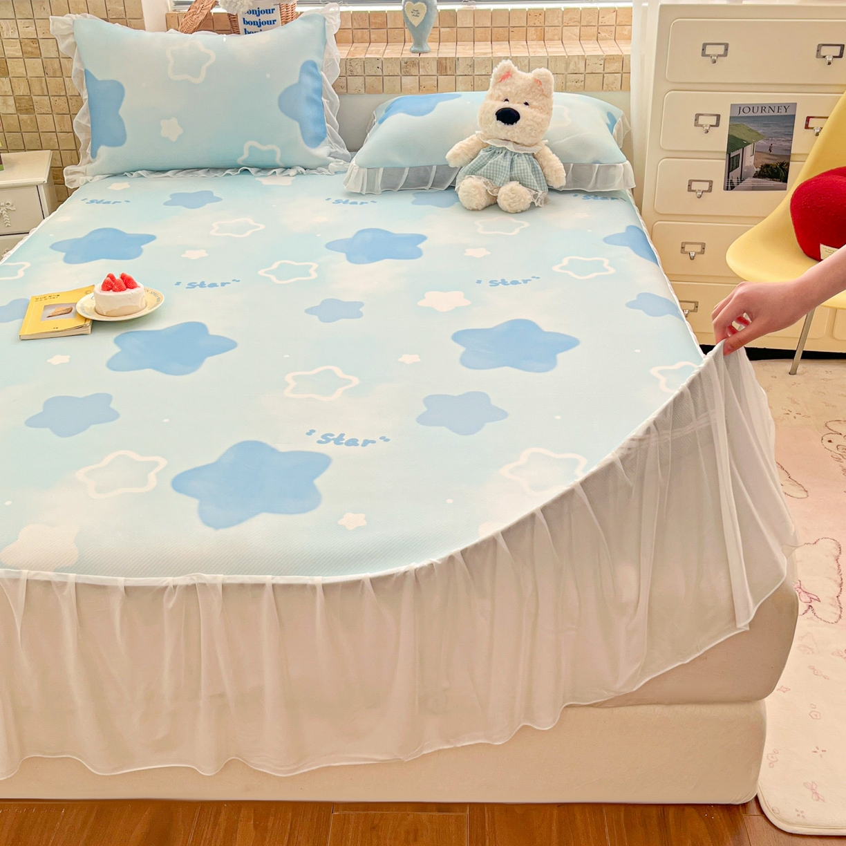 91家纺网 家纺一手货源 找家纺 川悦生活 2026新款雪纺冰丝床裙凉席三件套 床裙快乐星晴