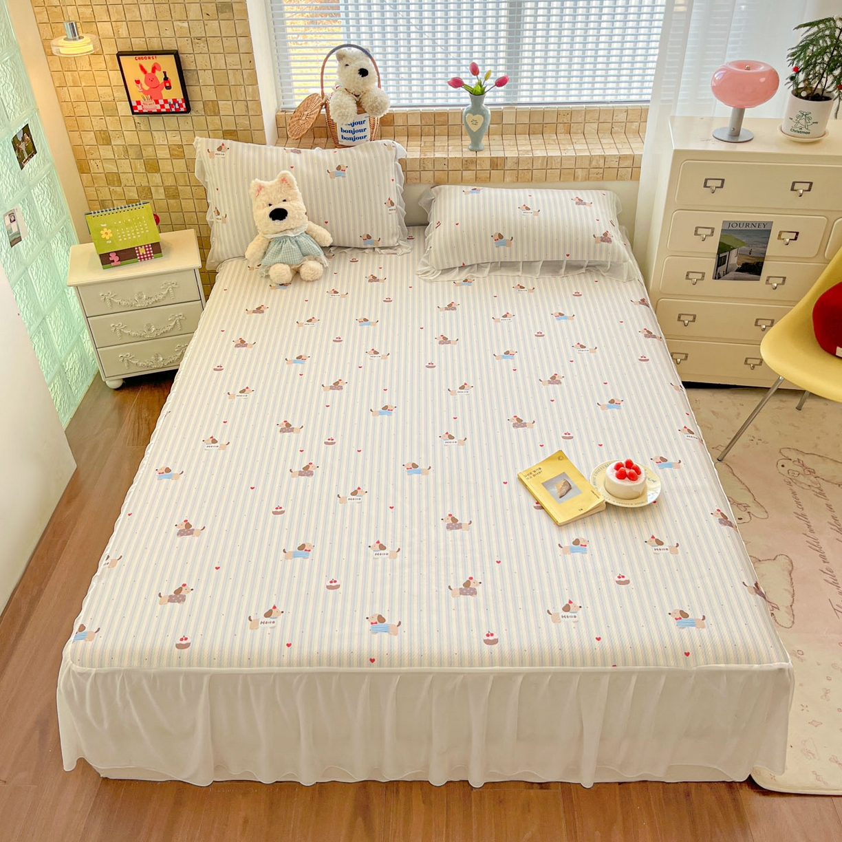 91家纺网 家纺一手货源 找家纺 川悦生活 2026新款雪纺冰丝床裙凉席三件套 床裙腊肠甜心