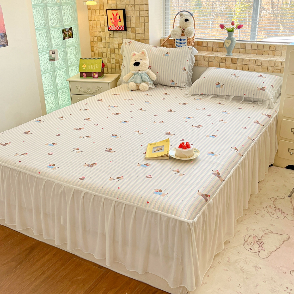 91家纺网 家纺一手货源 找家纺 川悦生活 2026新款雪纺冰丝床裙凉席三件套 床裙腊肠甜心