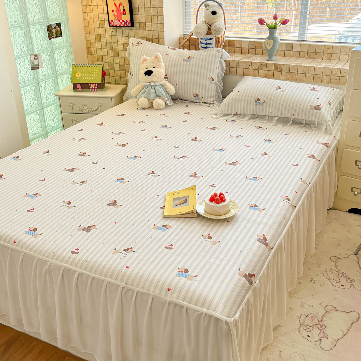 91家纺网 家纺一手货源 找家纺 川悦生活 2026新款雪纺冰丝床裙凉席三件套 床裙腊肠甜心