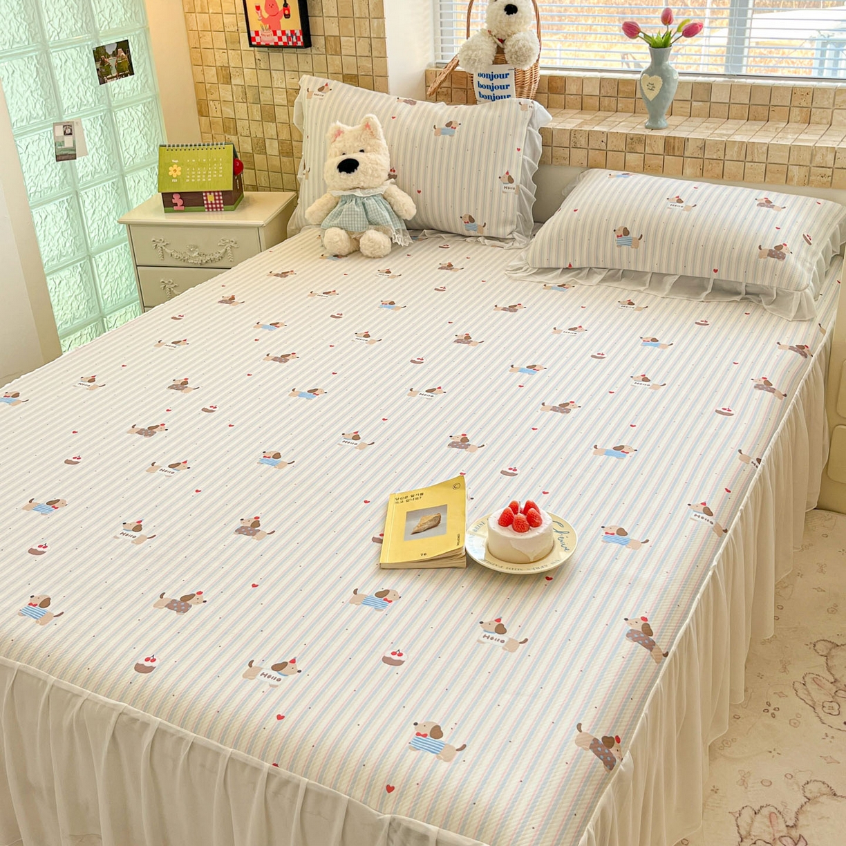 91家纺网 家纺一手货源 找家纺 川悦生活 2026新款雪纺冰丝床裙凉席三件套 床裙腊肠甜心