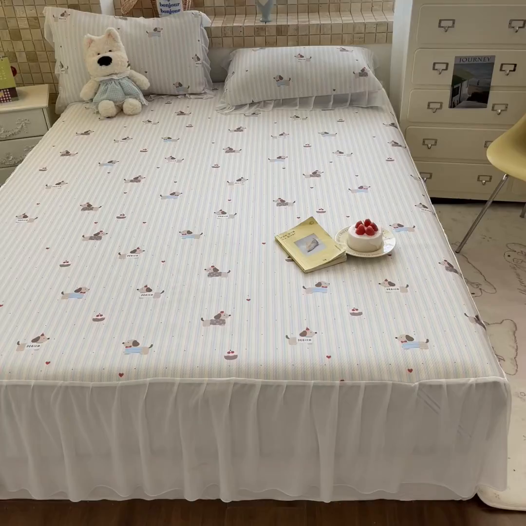 91家纺网 家纺一手货源 找家纺 川悦生活 2026新款雪纺冰丝床裙凉席三件套 床裙腊肠甜心