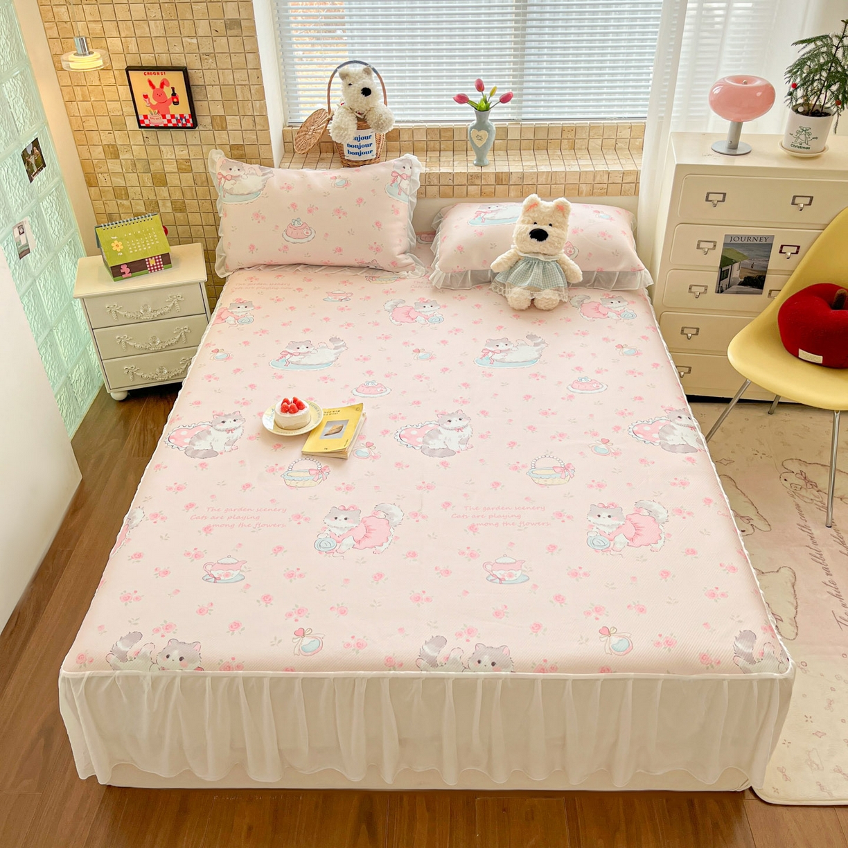 91家纺网 家纺一手货源 找家纺 川悦生活 2026新款雪纺冰丝床裙凉席三件套 床裙喵萝花园