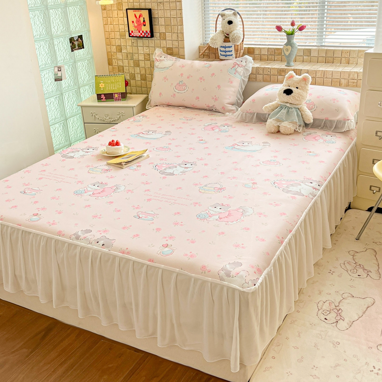 91家纺网 家纺一手货源 找家纺 川悦生活 2026新款雪纺冰丝床裙凉席三件套 床裙喵萝花园