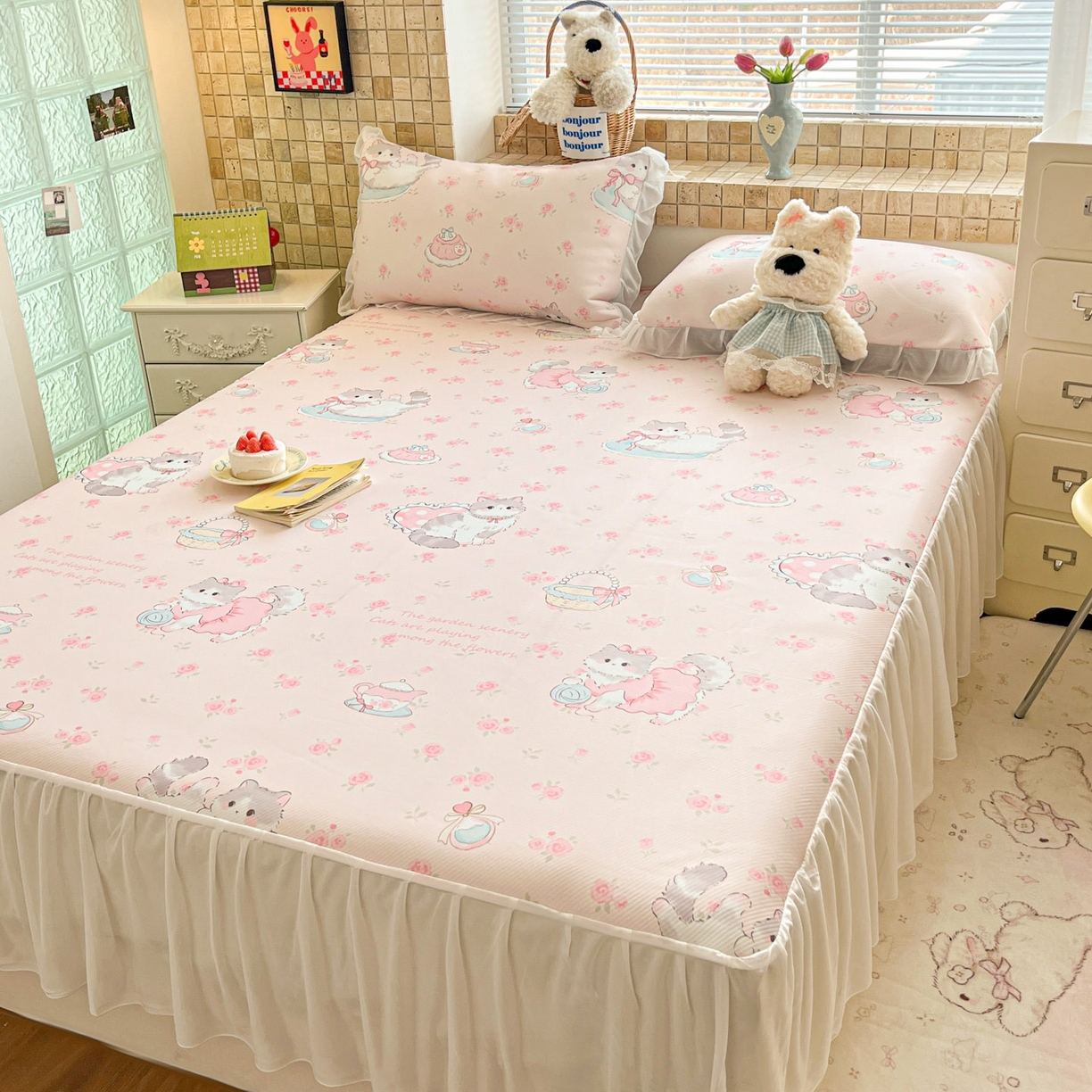 91家纺网 家纺一手货源 找家纺 川悦生活 2026新款雪纺冰丝床裙凉席三件套 床裙喵萝花园