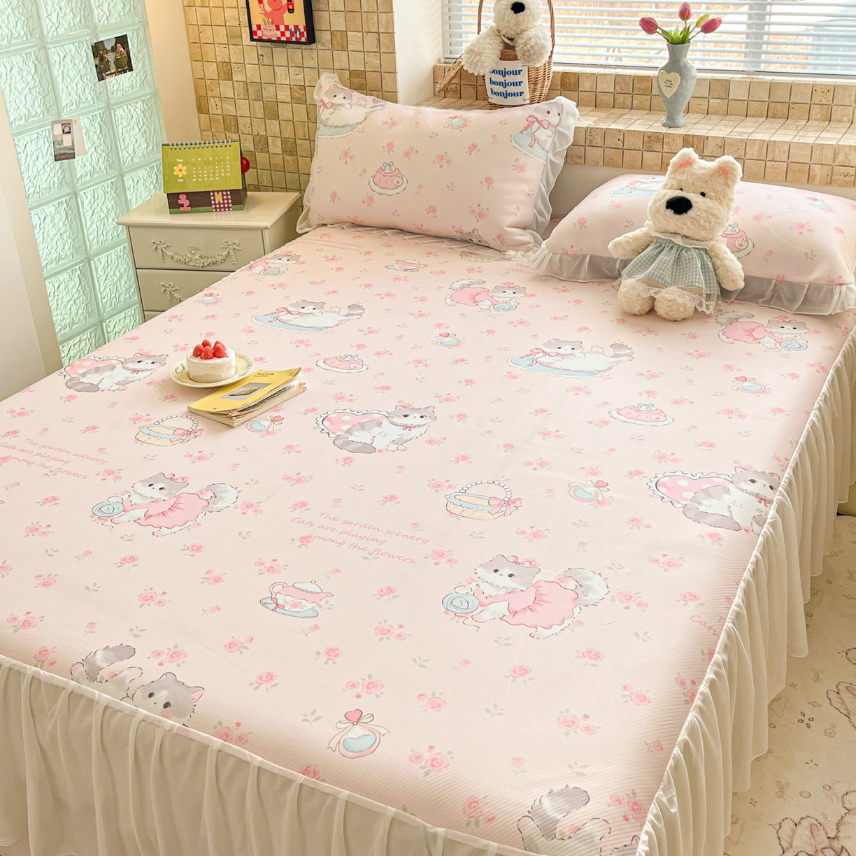 91家纺网 家纺一手货源 找家纺 川悦生活 2026新款雪纺冰丝床裙凉席三件套 床裙喵萝花园