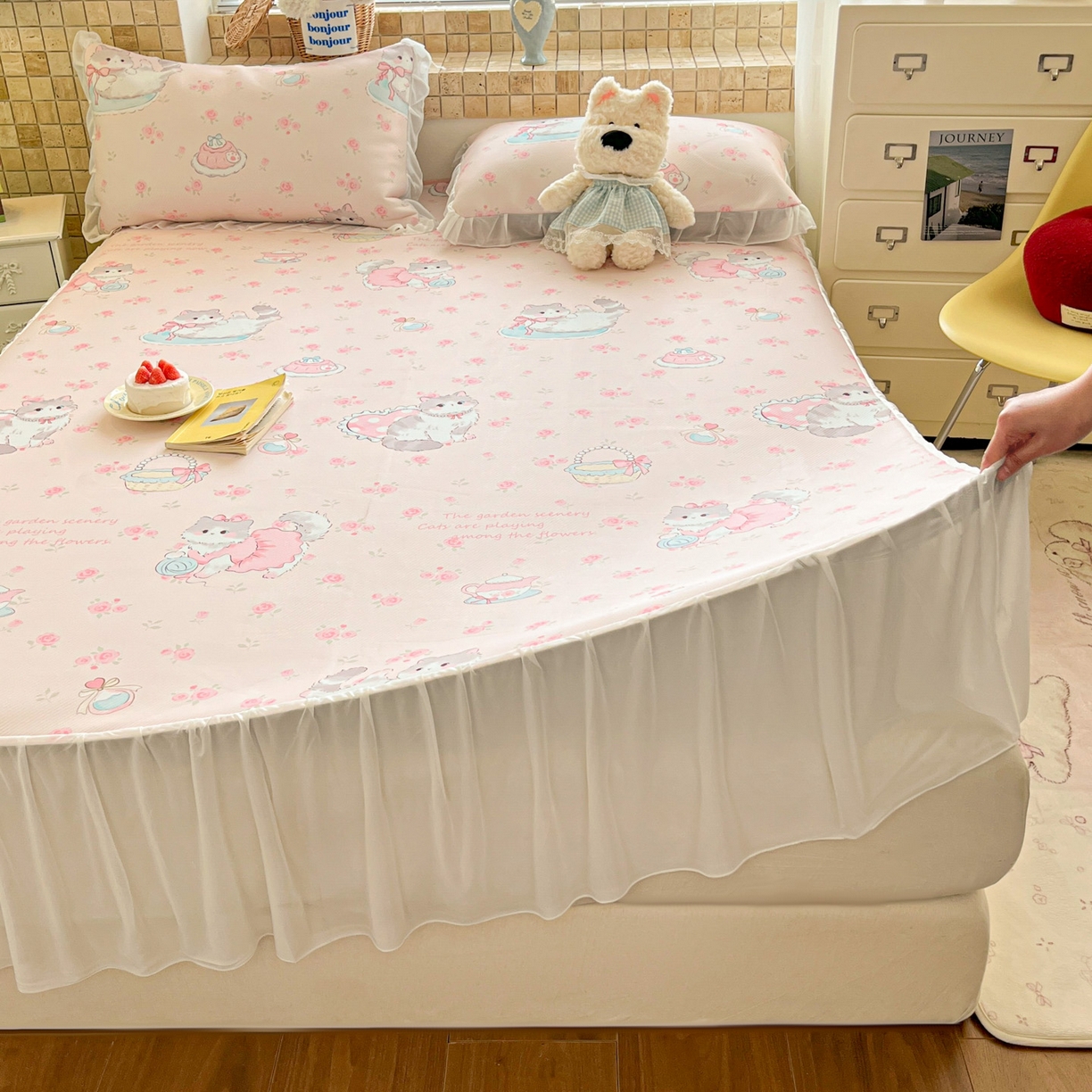 91家纺网 家纺一手货源 找家纺 川悦生活 2026新款雪纺冰丝床裙凉席三件套 床裙喵萝花园