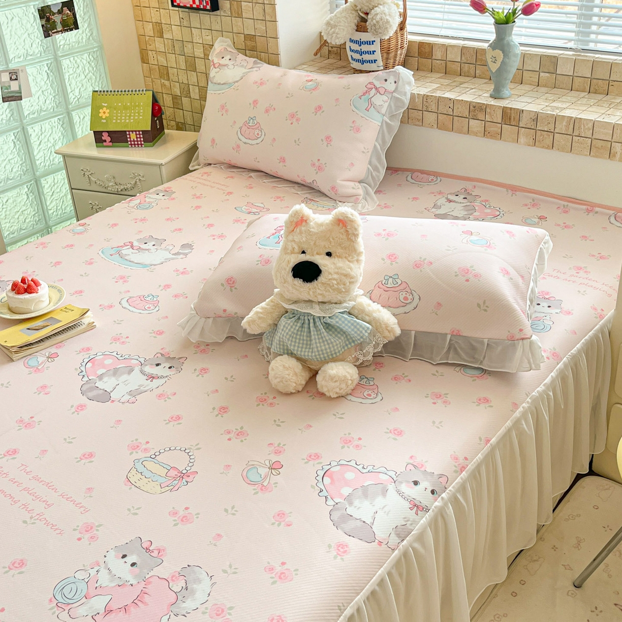 91家纺网 家纺一手货源 找家纺 川悦生活 2026新款雪纺冰丝床裙凉席三件套 床裙喵萝花园