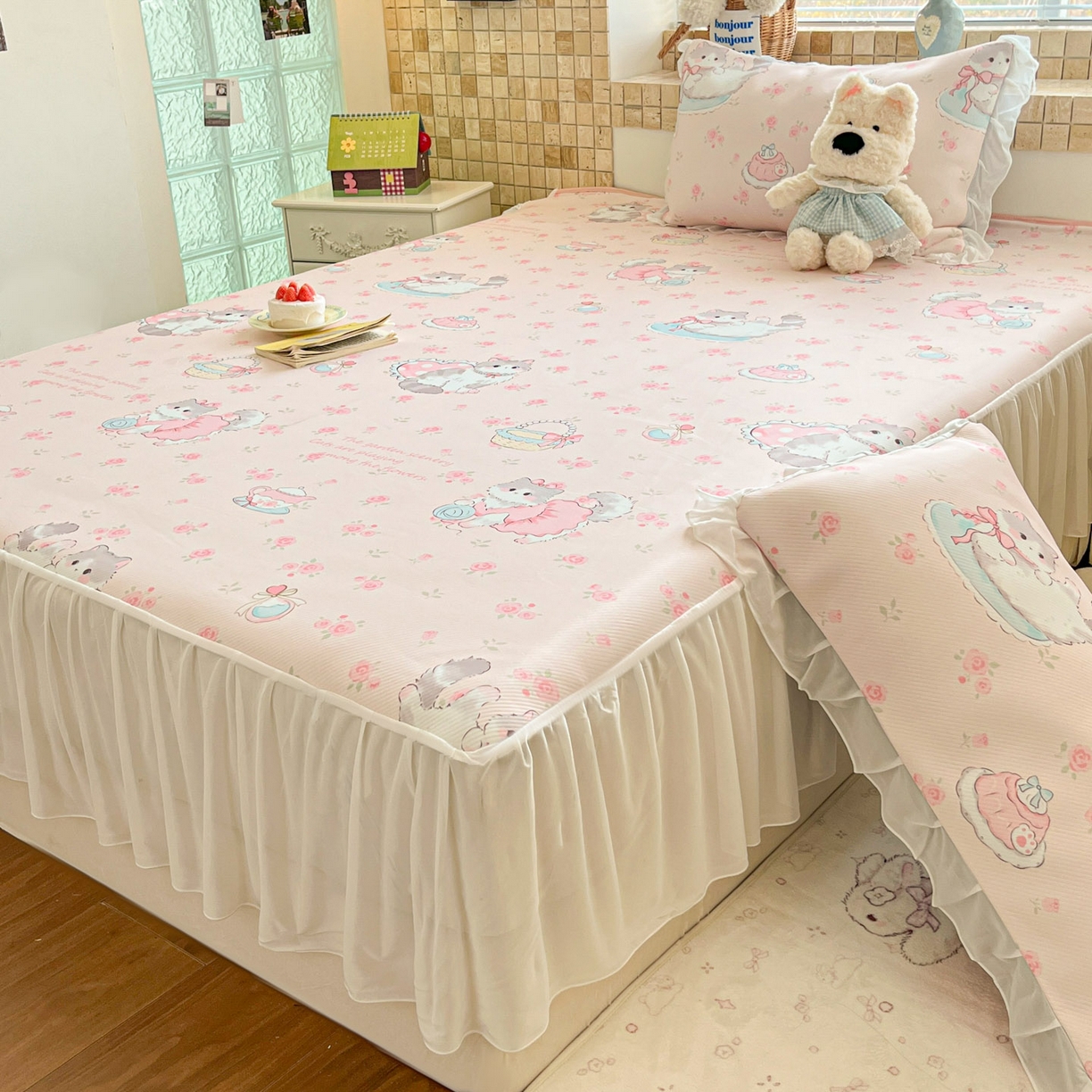 91家纺网 家纺一手货源 找家纺 川悦生活 2026新款雪纺冰丝床裙凉席三件套 床裙喵萝花园