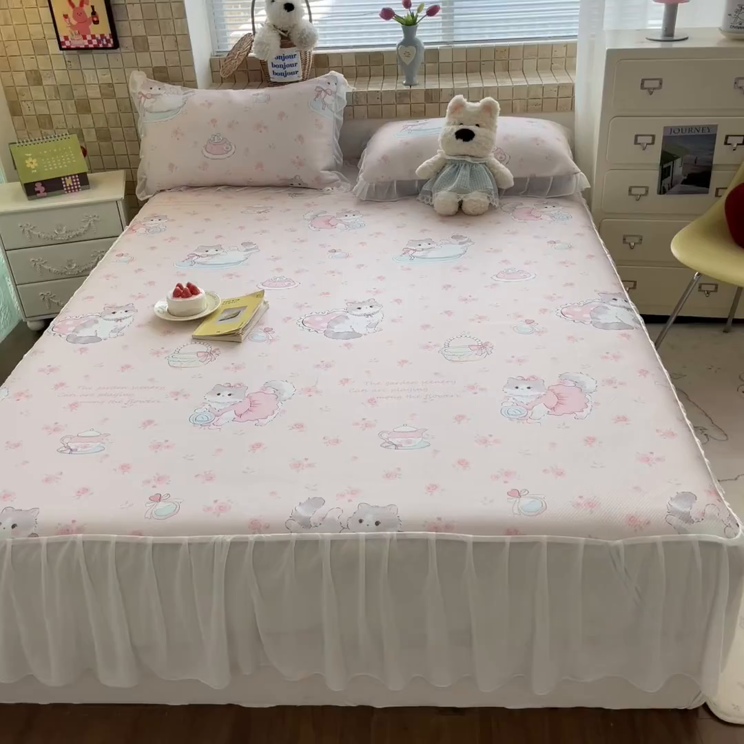 91家纺网 家纺一手货源 找家纺 川悦生活 2026新款雪纺冰丝床裙凉席三件套 床裙喵萝花园