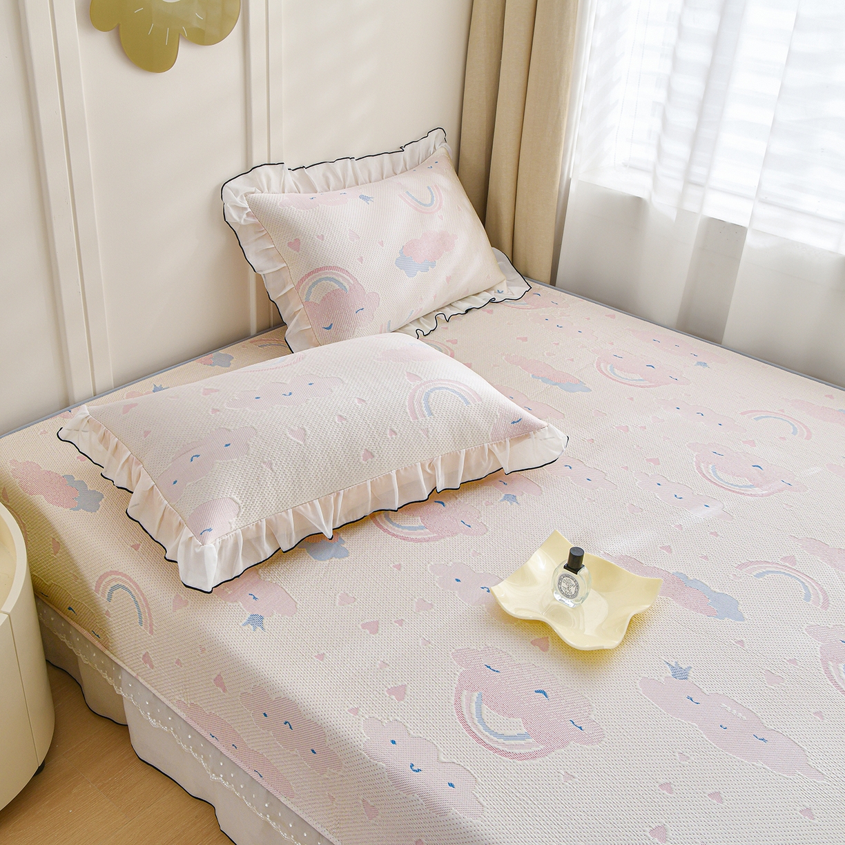 91家纺网 家纺一手货源 找家纺 金艾草 2026新款PE冰豆豆防滑榻榻米凉席豆豆席 凉豆豆-彩云粉