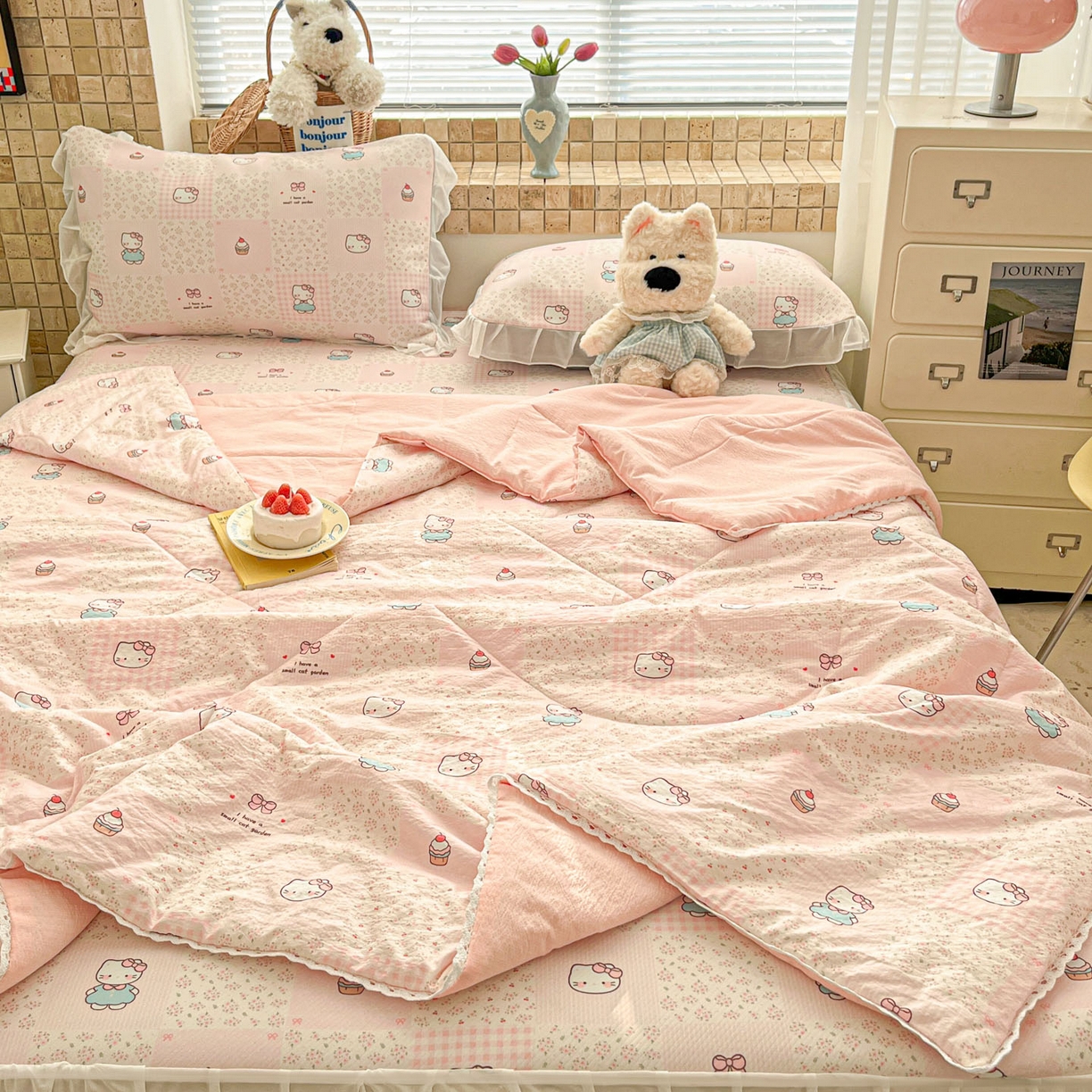 川悦生活 2026新款雪纺冰丝床裙凉席三件套 床裙奶油糕糕喵