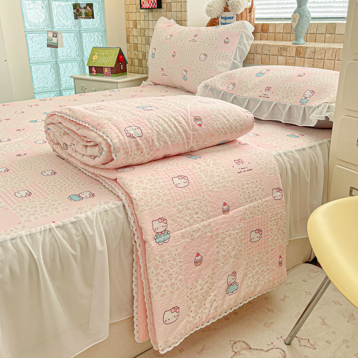 91家纺网 家纺一手货源 找家纺 川悦生活 2026新款雪纺冰丝床裙凉席三件套 床裙奶油糕糕喵