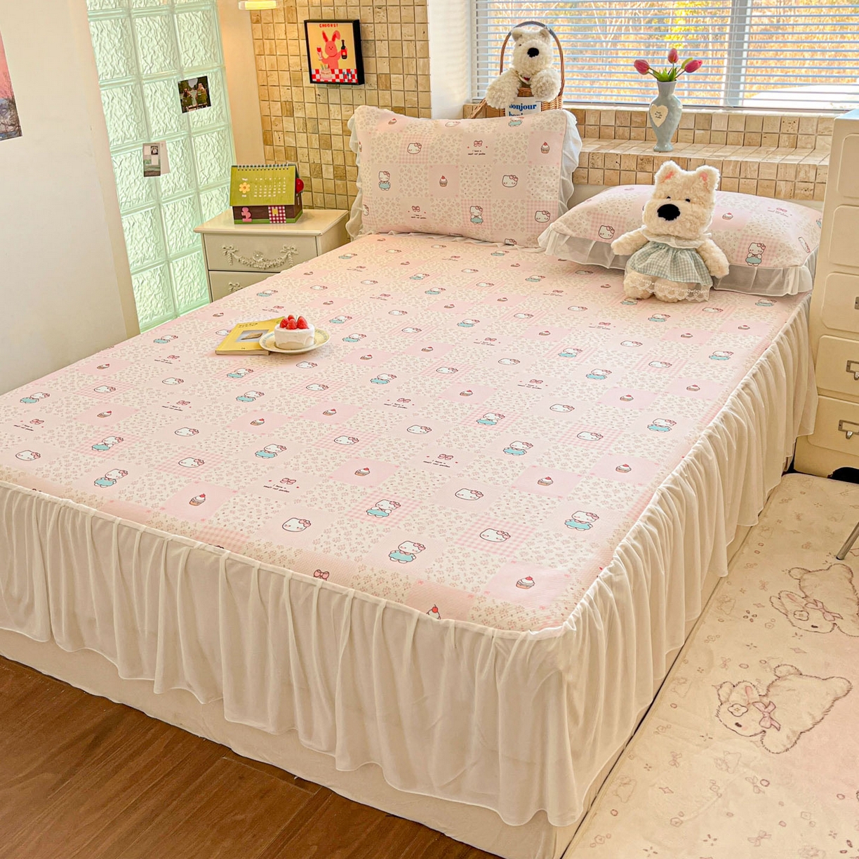 91家纺网 家纺一手货源 找家纺 川悦生活 2026新款雪纺冰丝床裙凉席三件套 床裙奶油糕糕喵