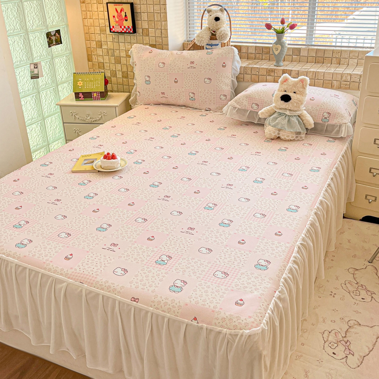 91家纺网 家纺一手货源 找家纺 川悦生活 2026新款雪纺冰丝床裙凉席三件套 床裙奶油糕糕喵