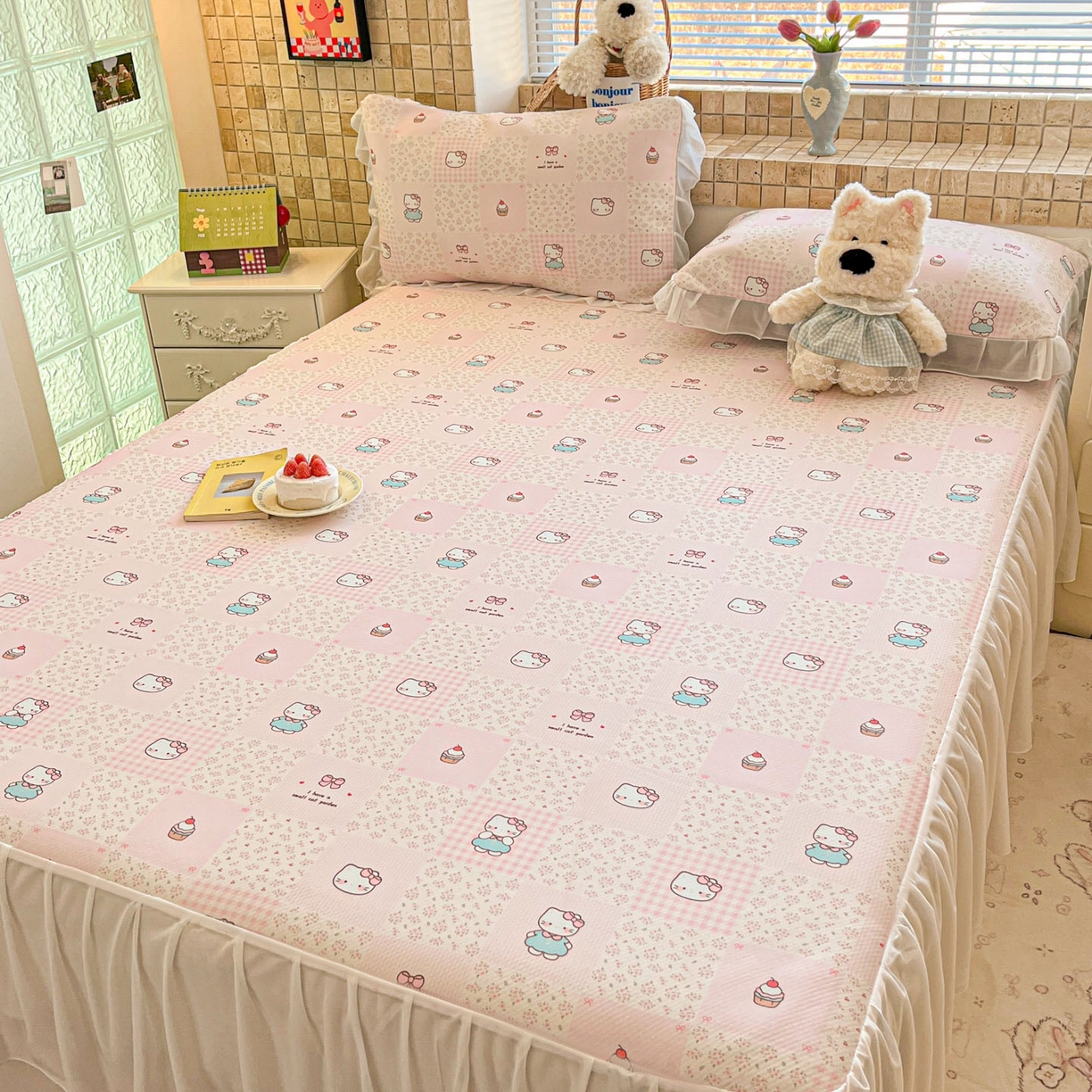 91家纺网 家纺一手货源 找家纺 川悦生活 2026新款雪纺冰丝床裙凉席三件套 床裙奶油糕糕喵