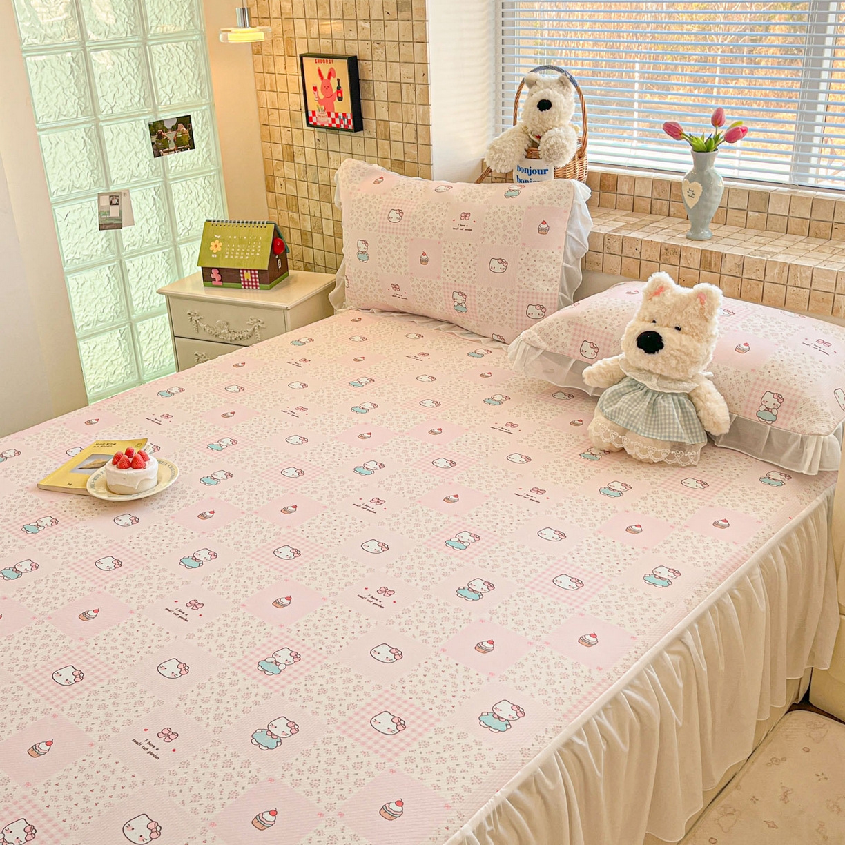 91家纺网 家纺一手货源 找家纺 川悦生活 2026新款雪纺冰丝床裙凉席三件套 床裙奶油糕糕喵