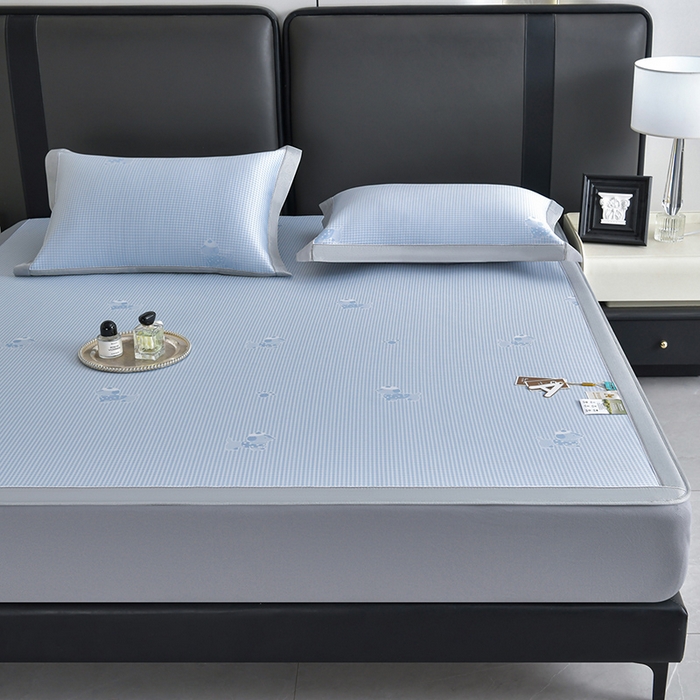 小牛席业 2026新款【实拍风格】双PE高凉感-腊肠狗格纹提花冰丝席（床笠款）凉席竹席藤席冰藤席乳胶席豆豆席 蓝色