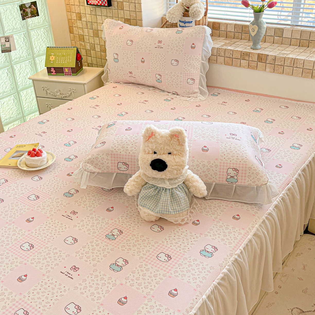 91家纺网 家纺一手货源 找家纺 川悦生活 2026新款雪纺冰丝床裙凉席三件套 床裙奶油糕糕喵