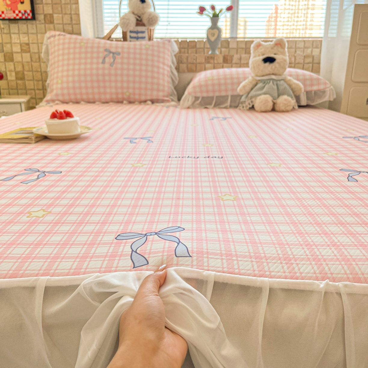 91家纺网 家纺一手货源 找家纺 川悦生活 2026新款雪纺冰丝床裙凉席三件套 床裙奶油可盐