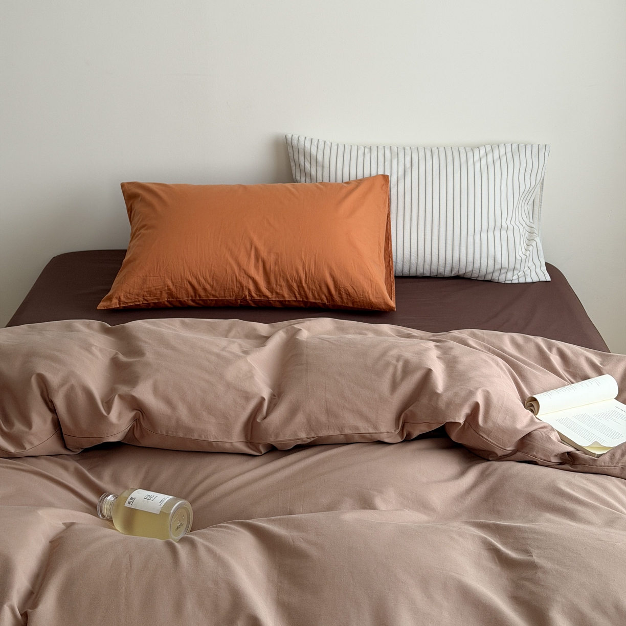 蜜宿 2026新款纯色混搭全棉纯棉40s水洗棉四件套 脏脏茶棕（枕套黑黄竖条+南瓜泥）