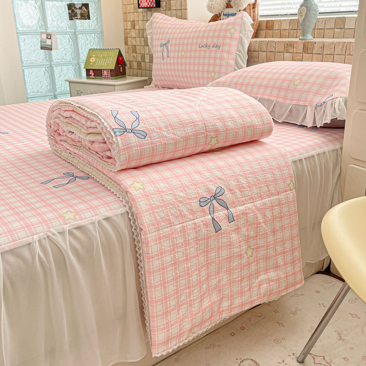 91家纺网 家纺一手货源 找家纺 川悦生活 2026新款雪纺冰丝床裙凉席三件套 床裙奶油可盐