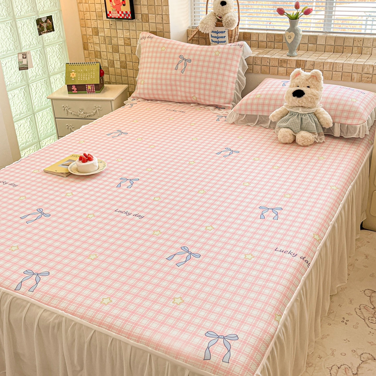 91家纺网 家纺一手货源 找家纺 川悦生活 2026新款雪纺冰丝床裙凉席三件套 床裙奶油可盐