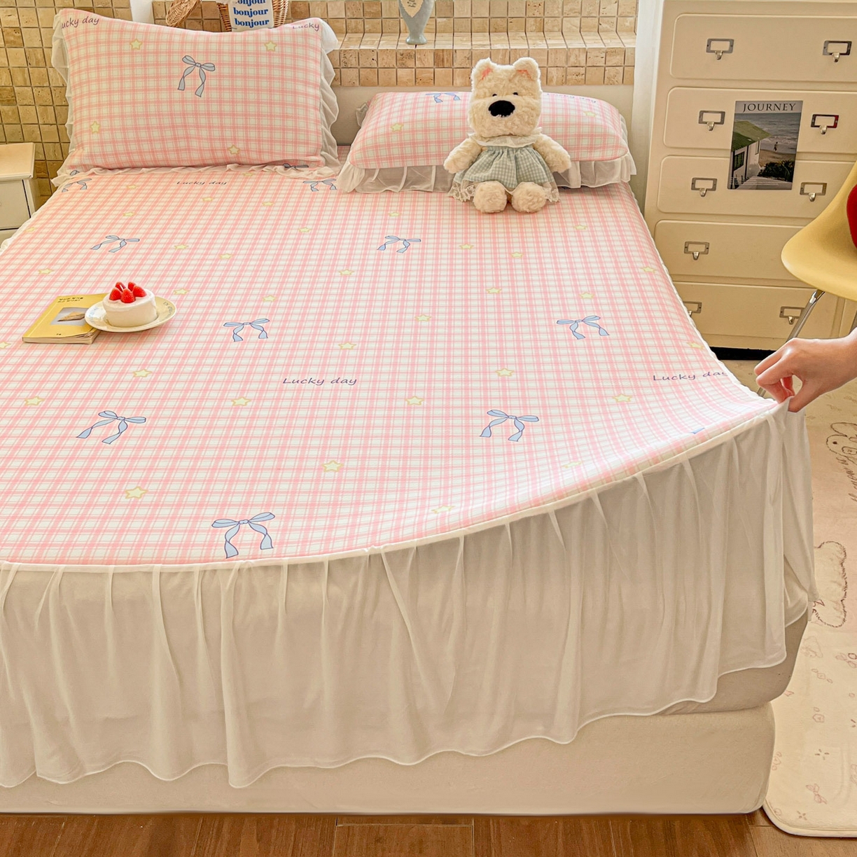 91家纺网 家纺一手货源 找家纺 川悦生活 2026新款雪纺冰丝床裙凉席三件套 床裙奶油可盐