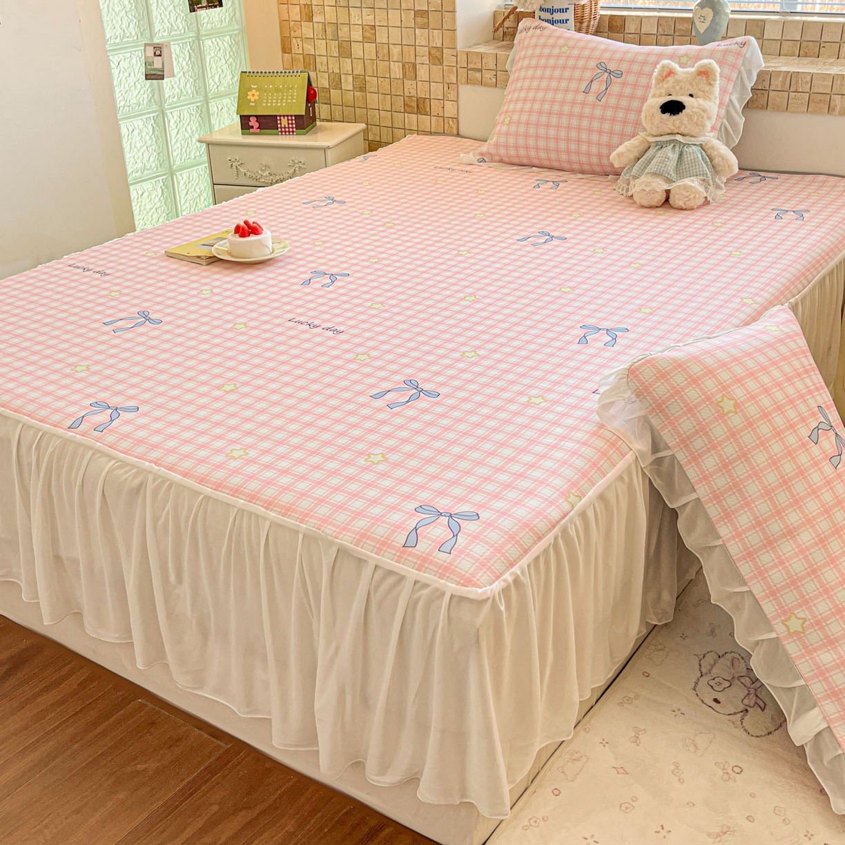 91家纺网 家纺一手货源 找家纺 川悦生活 2026新款雪纺冰丝床裙凉席三件套 床裙奶油可盐