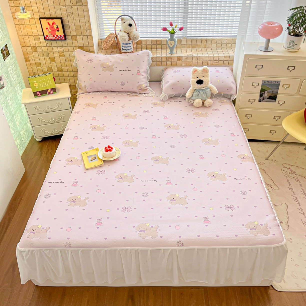 91家纺网 家纺一手货源 找家纺 川悦生活 2026新款雪纺冰丝床裙凉席三件套 床裙奶芋茶派