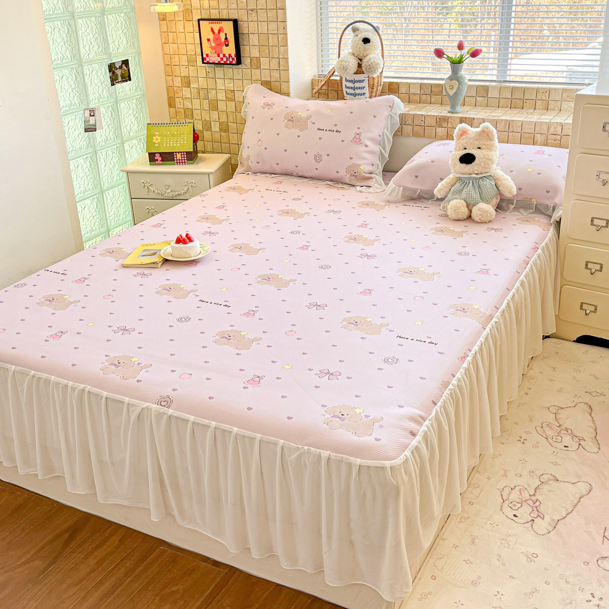 91家纺网 家纺一手货源 找家纺 川悦生活 2026新款雪纺冰丝床裙凉席三件套 床裙奶芋茶派