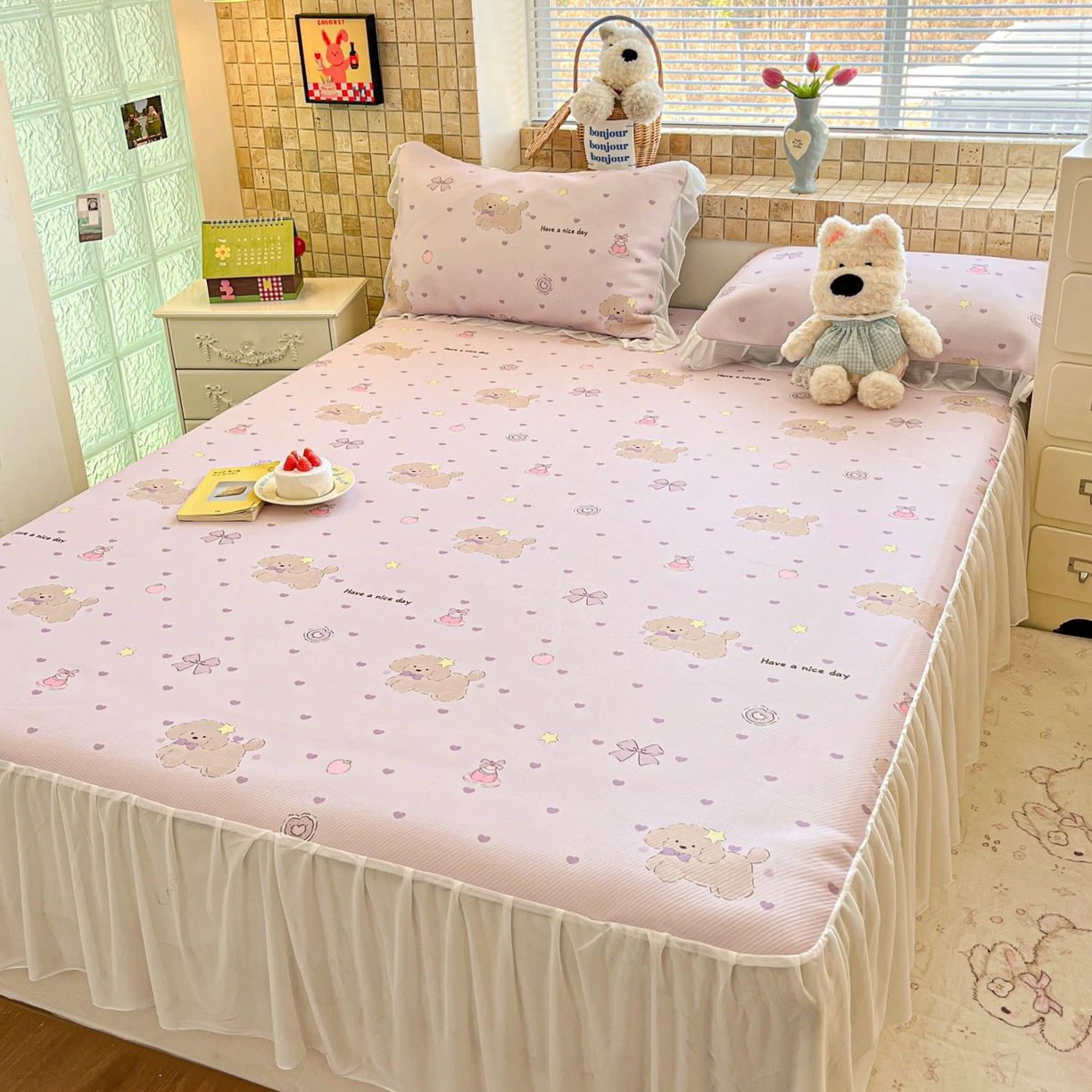 91家纺网 家纺一手货源 找家纺 川悦生活 2026新款雪纺冰丝床裙凉席三件套 床裙奶芋茶派