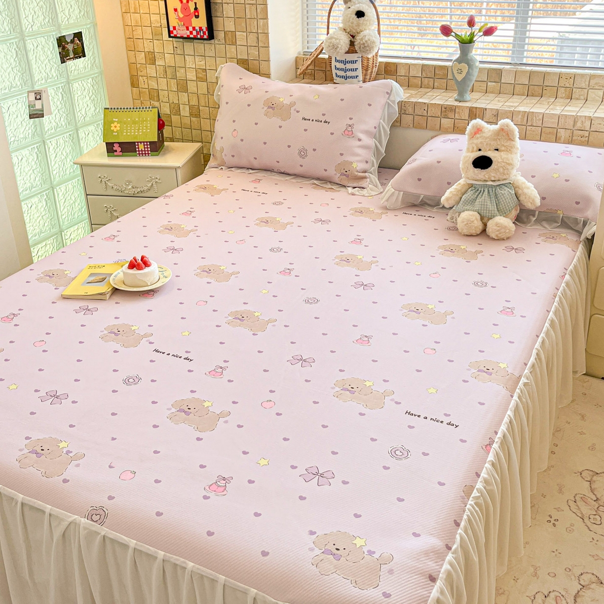 91家纺网 家纺一手货源 找家纺 川悦生活 2026新款雪纺冰丝床裙凉席三件套 床裙奶芋茶派