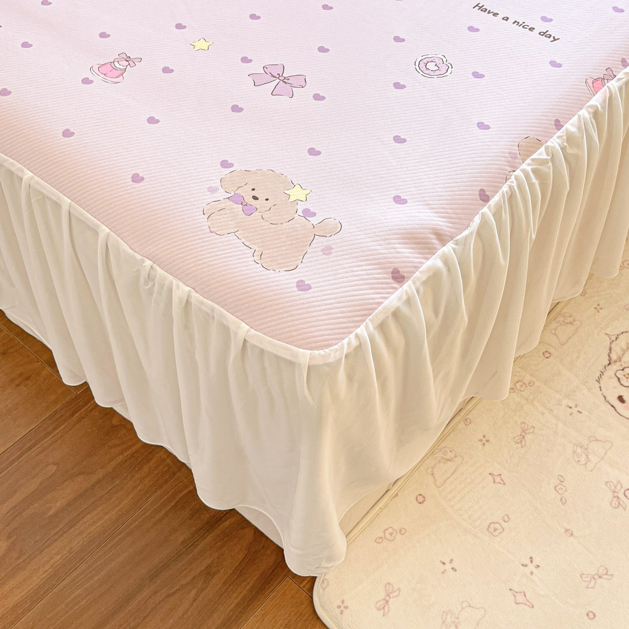 91家纺网 家纺一手货源 找家纺 川悦生活 2026新款雪纺冰丝床裙凉席三件套 床裙奶芋茶派