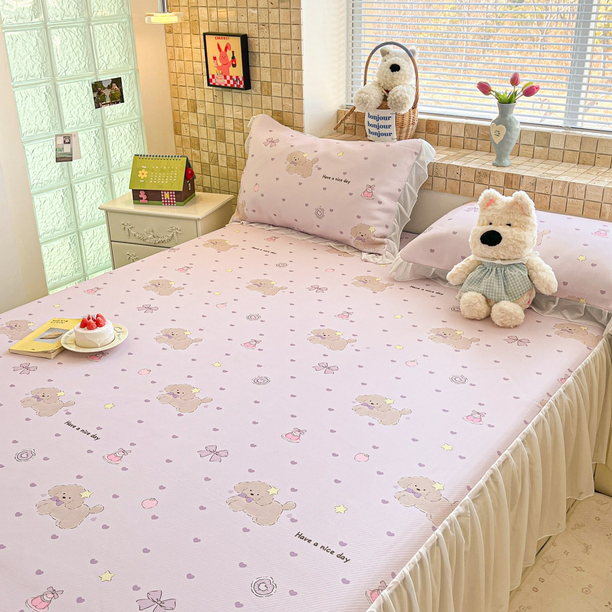 91家纺网 家纺一手货源 找家纺 川悦生活 2026新款雪纺冰丝床裙凉席三件套 床裙奶芋茶派