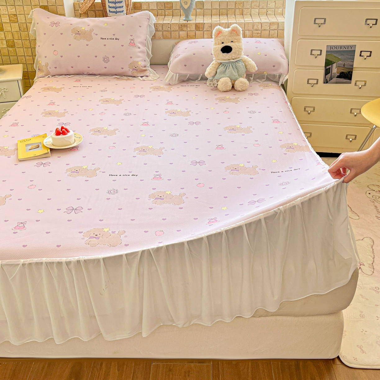 91家纺网 家纺一手货源 找家纺 川悦生活 2026新款雪纺冰丝床裙凉席三件套 床裙奶芋茶派