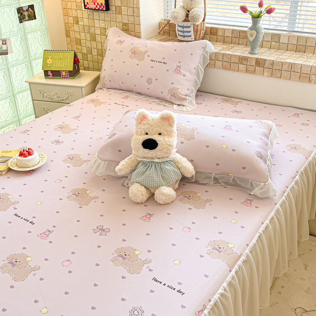 91家纺网 家纺一手货源 找家纺 川悦生活 2026新款雪纺冰丝床裙凉席三件套 床裙奶芋茶派