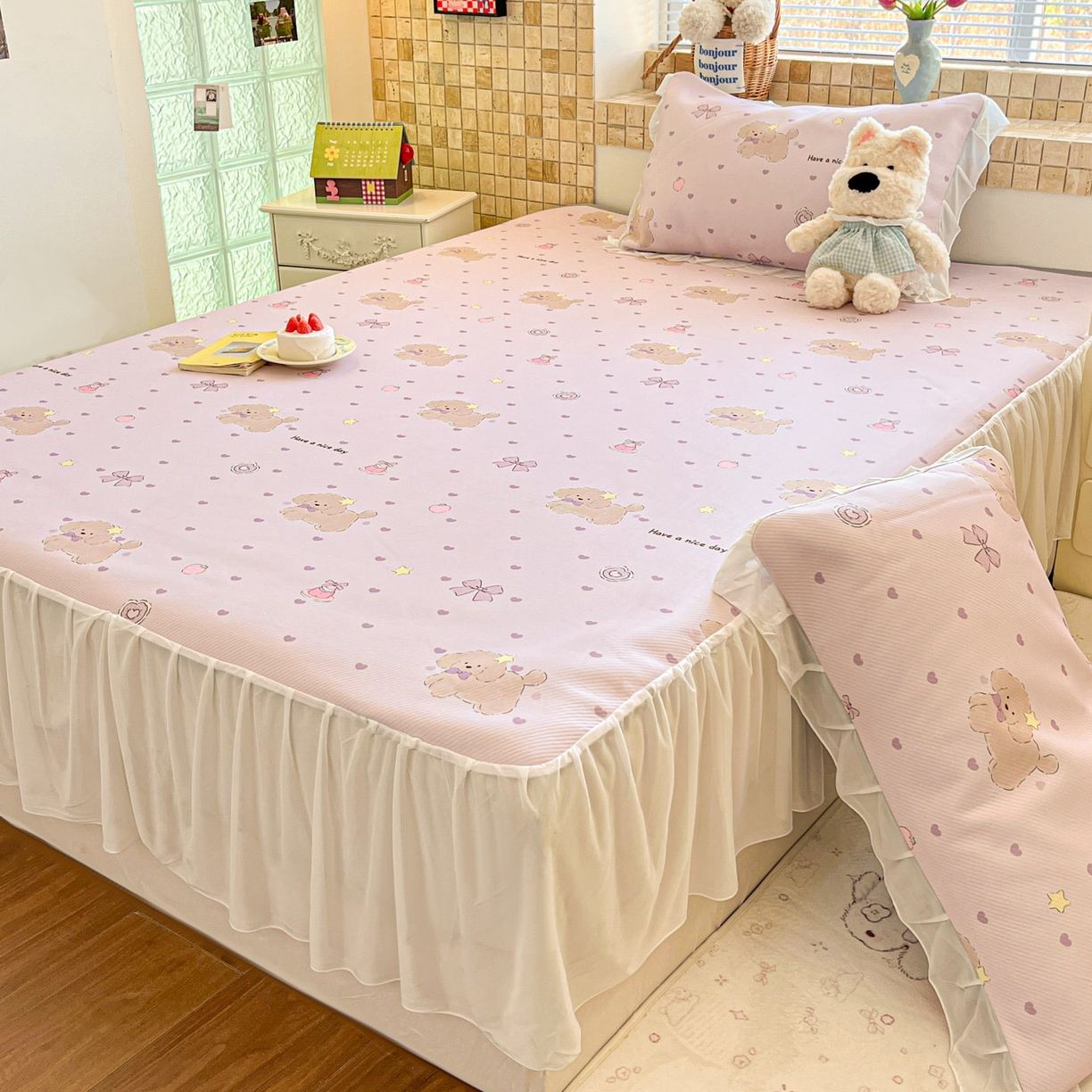 91家纺网 家纺一手货源 找家纺 川悦生活 2026新款雪纺冰丝床裙凉席三件套 床裙奶芋茶派